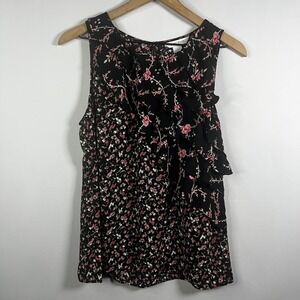 White House Black Market Blouse Women 6‎ Black Pink Floral Ruffle Front Career